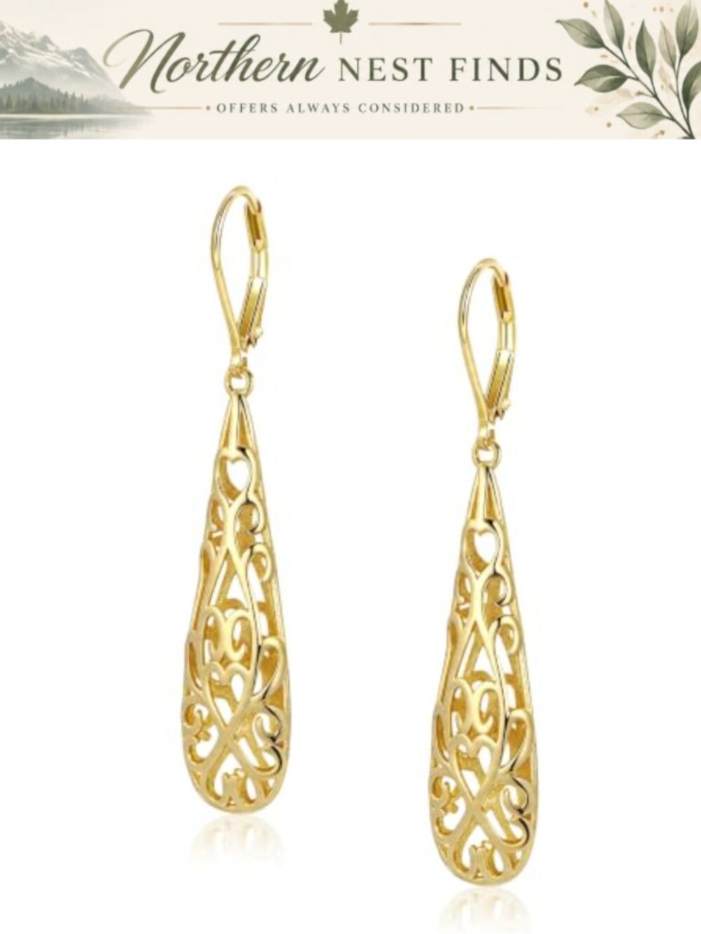 Filigree Dangle Earrings for Women Drop Leverback 14K Gold Plated 925 Sterling